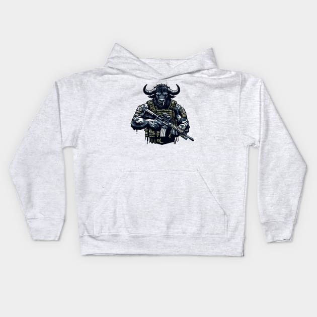 Tactical Minotaur Power Tee: Where Mythical Might Meets Modern Strength Kids Hoodie by Rawlifegraphic